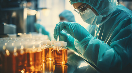 Scientist holding test tubes with yellow liquid in laboratory, closeup