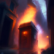 A rusty old mailbox explodes with a blinding flash of light, releasing a mystical energy that illuminates the entire dark alleyway. The letters scatter in every direction