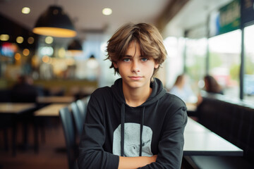 Portrait of cheerful teenager boy in fast food restaurant