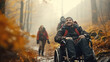 © EmmaStock - the man on wheelchair and friend trekking on the mountains forest