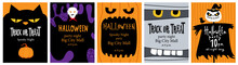 WebHappy Halloween Cards, Invitations, Posters Set. Place For Text. Spooky Characters, Cat, Dracura, Mummy, Scarecrow, Pumpkin. Halloween Style Lettering. Trick Or Trteat.