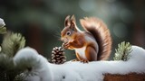 Close-up of a squirrel in the winter forest.