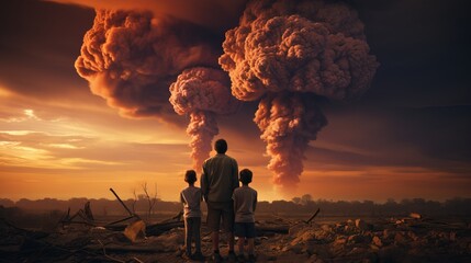 Wall Mural - Family on the background of a nuclear explosion during the day. Stormy sky, shock wave against the background of a nuclear mushroom. city ​​destruction
