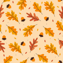 Seamless Pattern With Autumn Oak Leaves And Acorns On A Yellow Background. Vector Graphics.