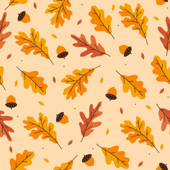 Seamless pattern with autumn oak leaves and acorns on a yellow background. Vector graphics.