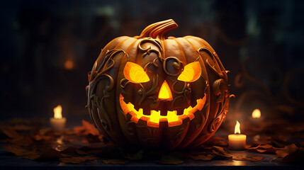 carved pumpkin with a glowing candle