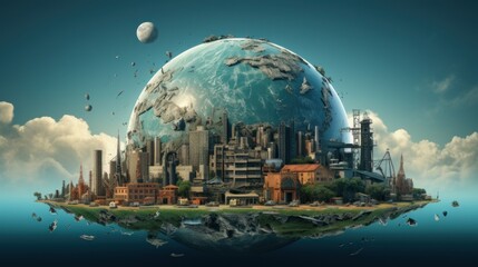 Wall Mural - symbolic 3d image of the globe with elements of human activity and nature landscape. eliminate waste