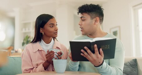 Poster - God, religion and a couple reading the Bible in their home together to study the Christian faith. Book, worship or prayer with a man and woman learning about Jesus or spirituality in the living room