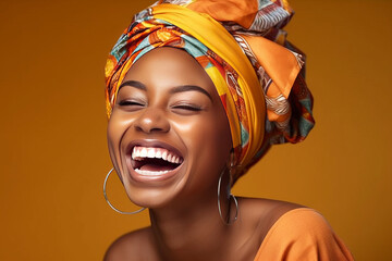 Wall Mural - photograph of Smiling african american young woman in casual clothing with traditional turban generative ai