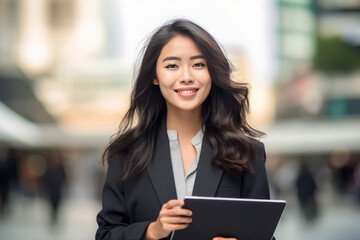 Wall Mural - Asian young business woman smiling leader entrepreneur and holding digital tablet generative ai