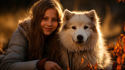 Wall Mural - woman walking in autumn park with cute dog