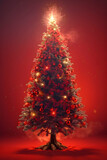 Fototapeta Las - Red Christmas tree with lights and ornaments on red background.