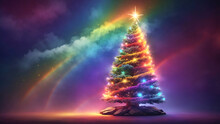 Christmas Tree On The Sky Background With Rainbow Effect.