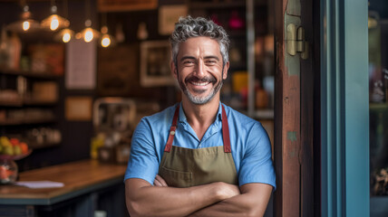 Wall Mural - photograph of Portrait of happy young man standing at doorway of him store.