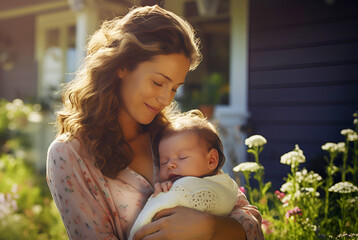 A young beautiful mother hugs her little child with tenderness and love. Care and maternal feelings.