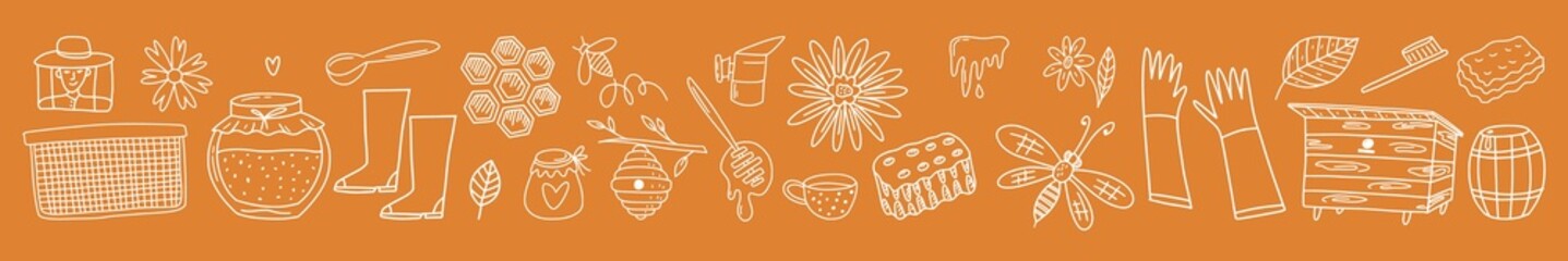 Horizontal illustration of beekeeping and honey items hand-drawn in doodle style