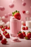Fototapeta Las - Strawberry yogurt milk in a glass with strawberries on a pink background.