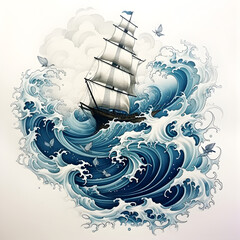 Canvas Print - Illustration of a ship gracefully navigating through the water, embodying the harmonious interaction between maritime elements