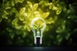 Green light bulb with leaves and background copy space