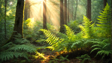 Ferns Grow In The Forest At Sunrise, Illuminated By Sunbeams.