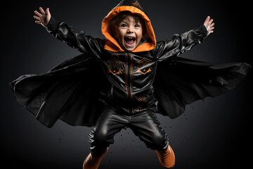 Wall Mural - Happy child in black costume for Halloween jumps on dark background