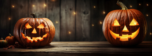 Wall Mural - scary halloween pumpkins on vintage dark wood background, banner