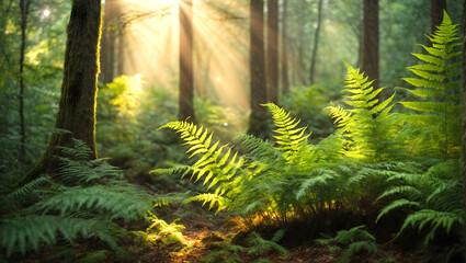 Ferns grow in the forest at sunrise, illuminated by sunbeams.