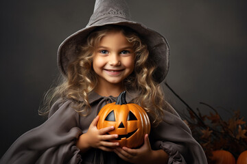 Wall Mural - Smiling child in costume for Halloween poses with scary pumpkin