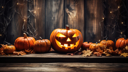 Wall Mural - halloween pumpkins in vintage barn at night on dark wood background