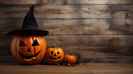 Wall Mural - smiling halloween pumpkin lanterns on vintage dark wood background