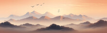 Landscape Of Sunset In The Mountain With Brown Cloud Details And Birds Flying