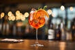 Food photography, close-up of Aperol Spritz, blurred background, restaurant, alcohol, beverage, ai generated art.