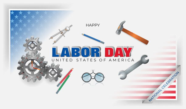 Holidays, design background with gear mechanism, different tools and accessories and national flag colors for celebration of Labor day in America; Vector illustration  