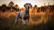 Weimaranian hunting dog in field with pheasants. Nice lighting, dog photography,hunting, hunting breeds, working dog. Weimaraner. Generative Content.