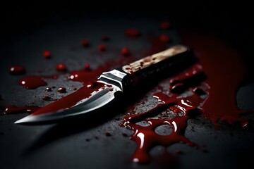 Fototapeta a scary crime scene is shown with a bloody knife on a dark surface, ai generated