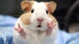 Fototapeta  - A cute white and blond hamster doing two finger selfie pose, victory sign