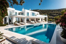 White House Typical Of The Mediterranean Style With A Pool On A Hill With An Amazing Sea View. Background Of The Summer Holiday