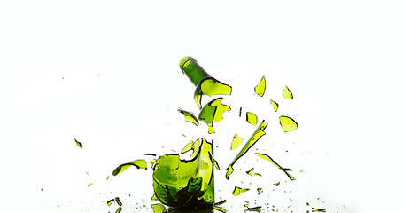 Wall Mural - Bottle of White Wine Breaking and Splashing against White Background