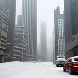 Fototapeta  - Frozen city. streets in the snow, snow apocalypse in the city.