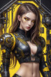 Portrait of a futuristic female with yellow futuristic dress technology expert, tuner, or hacker