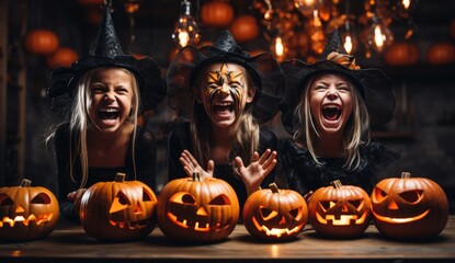 Wall Mural - three young girls dressed as halloween costumes, holding pumpkins and laughing. Generative Ai