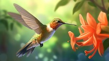 Little Green Bird Flying Next To Beautiful Red Flower. Hummingbird Feeds In The Rainforest. Nature Background. Illustration For Cover, Card, Postcard, Interior Design, Decor Or Print.