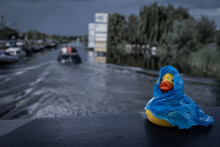 Lone Single Yellow Rubber Duck Outdoors In A Raincoat Poncho Due To Bad Weather At A Charity Fund Raising Duck Race