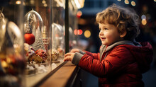 A Smiling Baby Boy Child At A Christmas Market Looking At Christmas Ornaments, Christmas Trees And Lights, Candles, White Christmas Snow Happy Holidays 