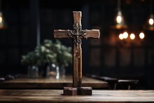 Old Wooden Cross In A Church On A Table On A Blurred Background, AI Generation