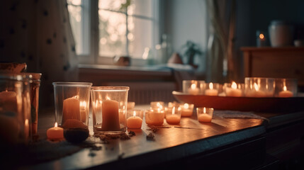 Warm cozy home interior with burning candles, afternoon room decoration, creative decor arrangement.