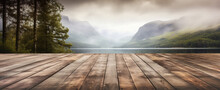Empty Rustic Old Wooden Boards Table Copy Space With Scottish Highlands And Some Lake Or Loch In Background. Product Display Template. Generative AI