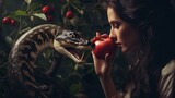 eva in the garden of eden with the snake and the apple