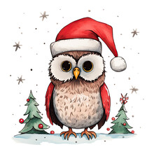 Cute Cartoon Owl, Santa Claus Hat, Merry Christmas Watercolor Illustration, Isolated Background