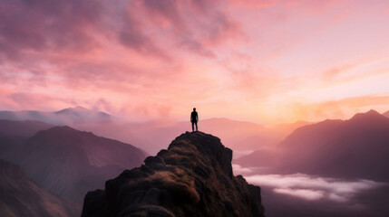 National Live Fearless Day, September 2. A fearless hiker is standing on an overhanging rock enjoying the view on sunset sky background. Live fearlessly.